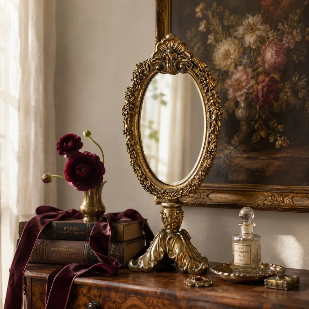 Vintage Gold Oval Table Mirror Ornate Vanity Mirror Romantic Gothic Decor